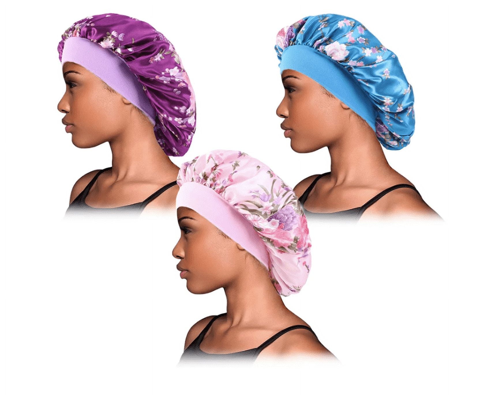 Women 3PK Satin Fabric Bonnet Silk Night Sleep Shower Cap Hair Head Covers
