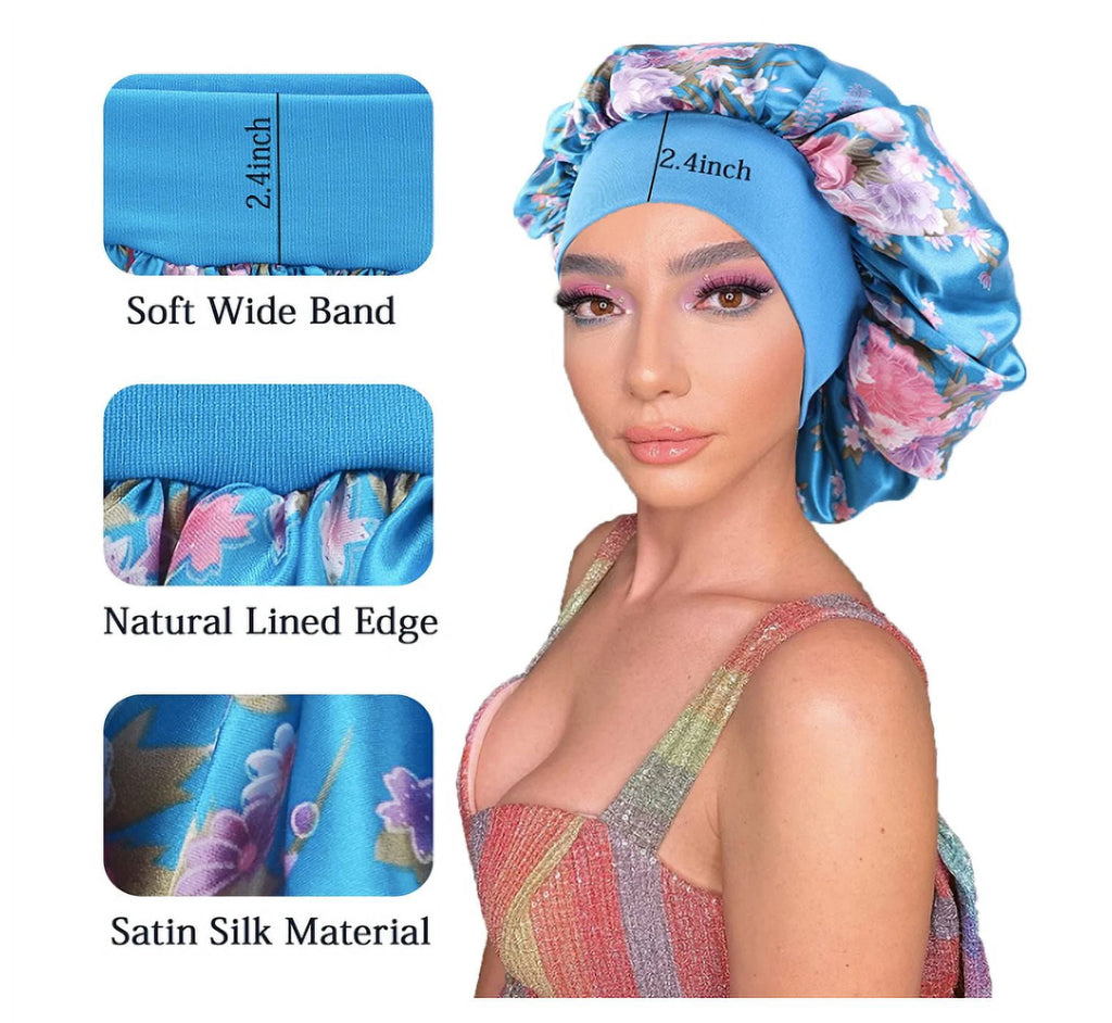 Women 3PK Satin Fabric Bonnet Silk Night Sleep Shower Cap Hair Head Covers