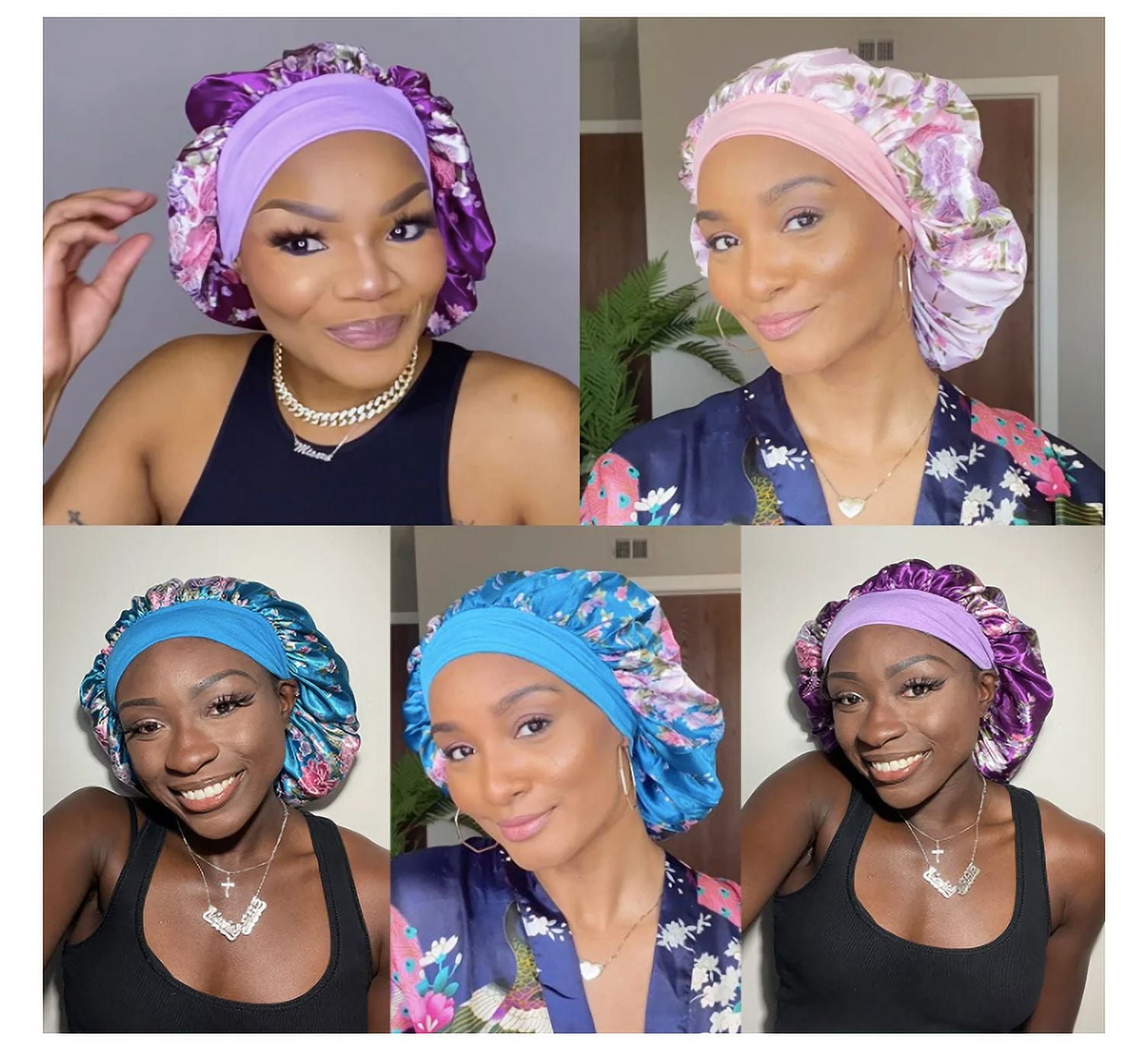 Women 3PK Satin Fabric Bonnet Silk Night Sleep Shower Cap Hair Head Covers