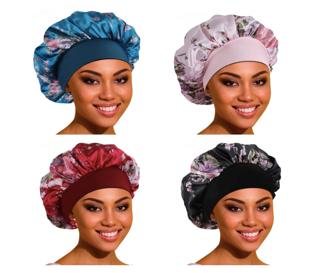 Women 3PK Satin Fabric Bonnet Silk Night Sleep Shower Cap Hair Head Covers