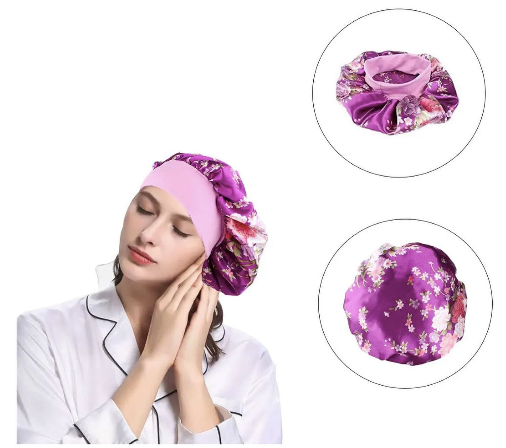 Women 3PK Satin Fabric Bonnet Silk Night Sleep Shower Cap Hair Head Covers
